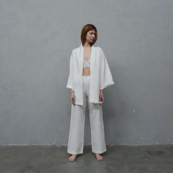 Linen KImono suit I White and Sand color - Picture 1 of 5